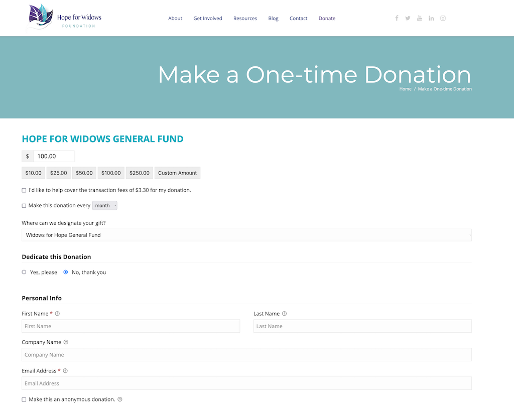 Hope For Widows Foundation donation page