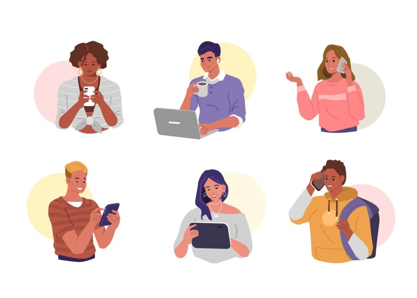 Six cartoon images of people on phones, laptops, and ipads.